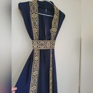 Navy Embroidered Trim Palistenian  Maxi Dress